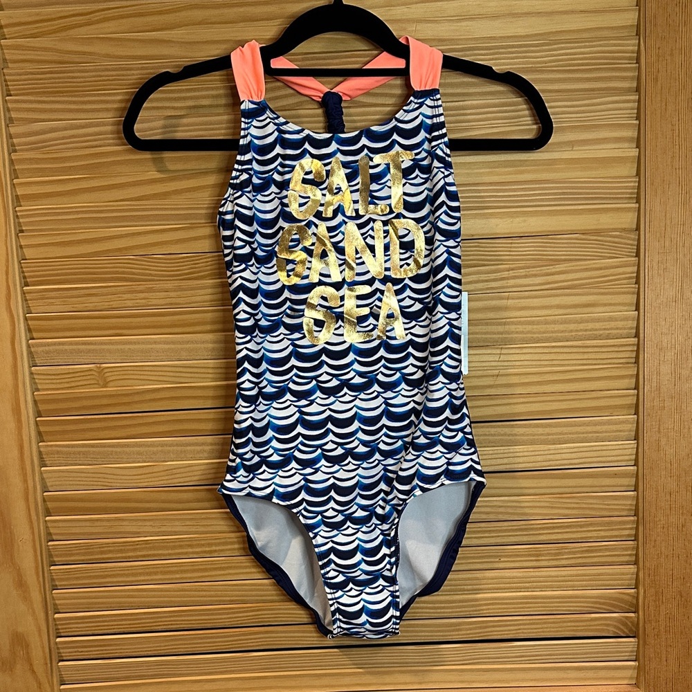 Cat & Jack Kids Swim One Piece - Navy and Gold Waves UPF 50+